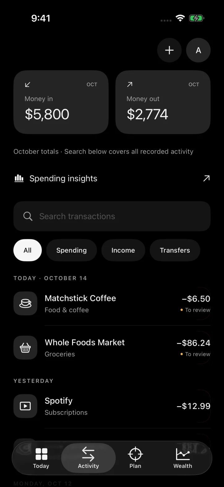 ettavi. — Searchable transactions with spending filters and dates.