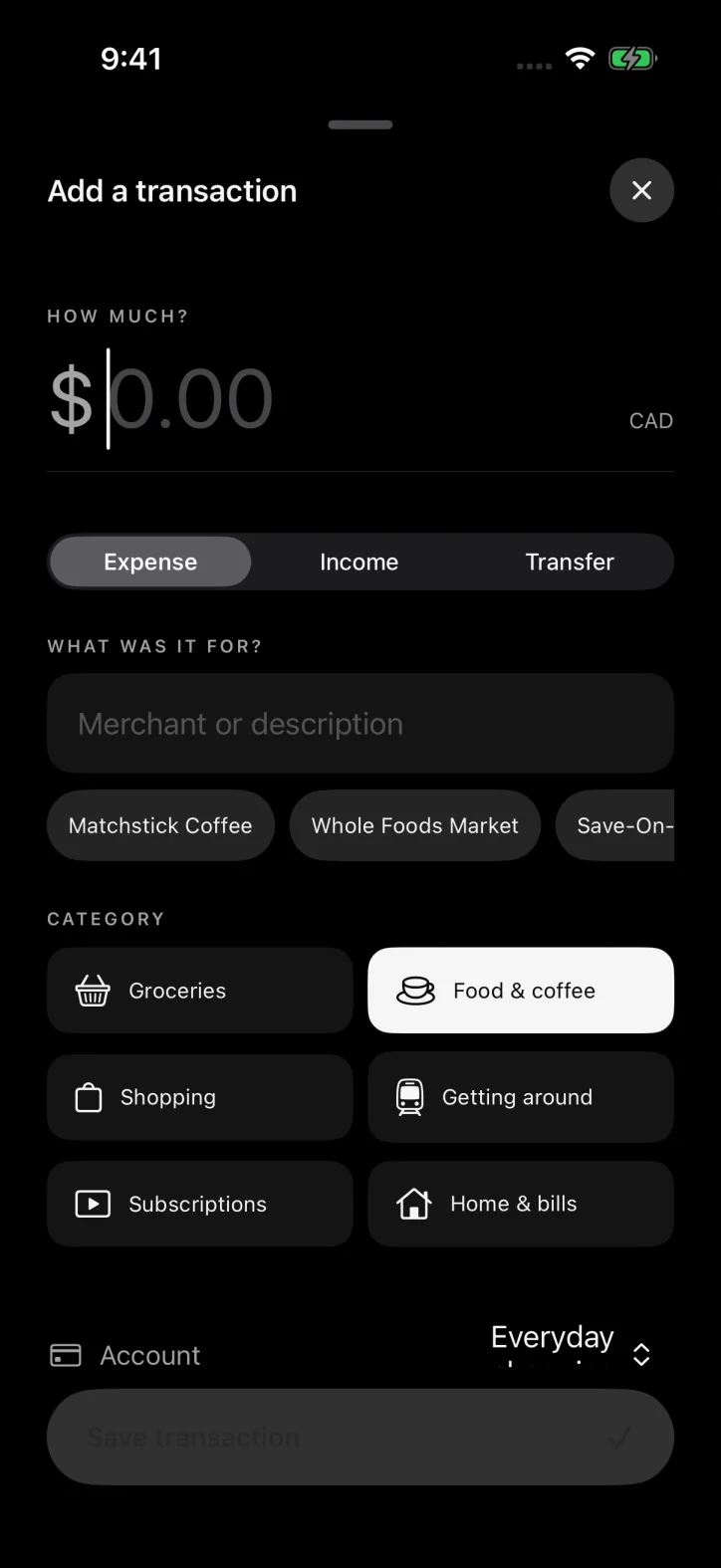 ettavi. — Native form for manually recording a transaction.