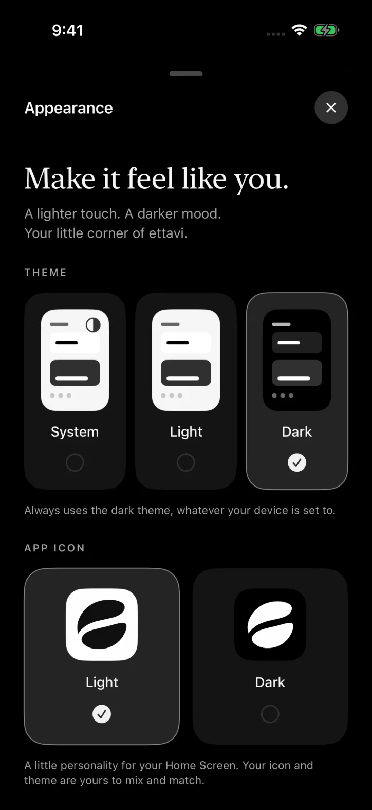 ettavi. — Light and dark themes and app icon options.