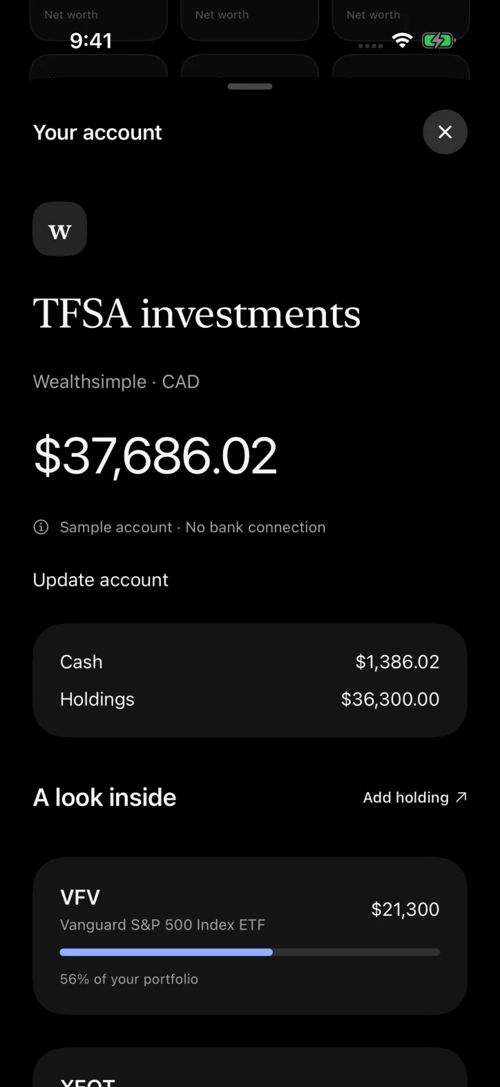 ettavi. — Sample investment holdings and investment cash.