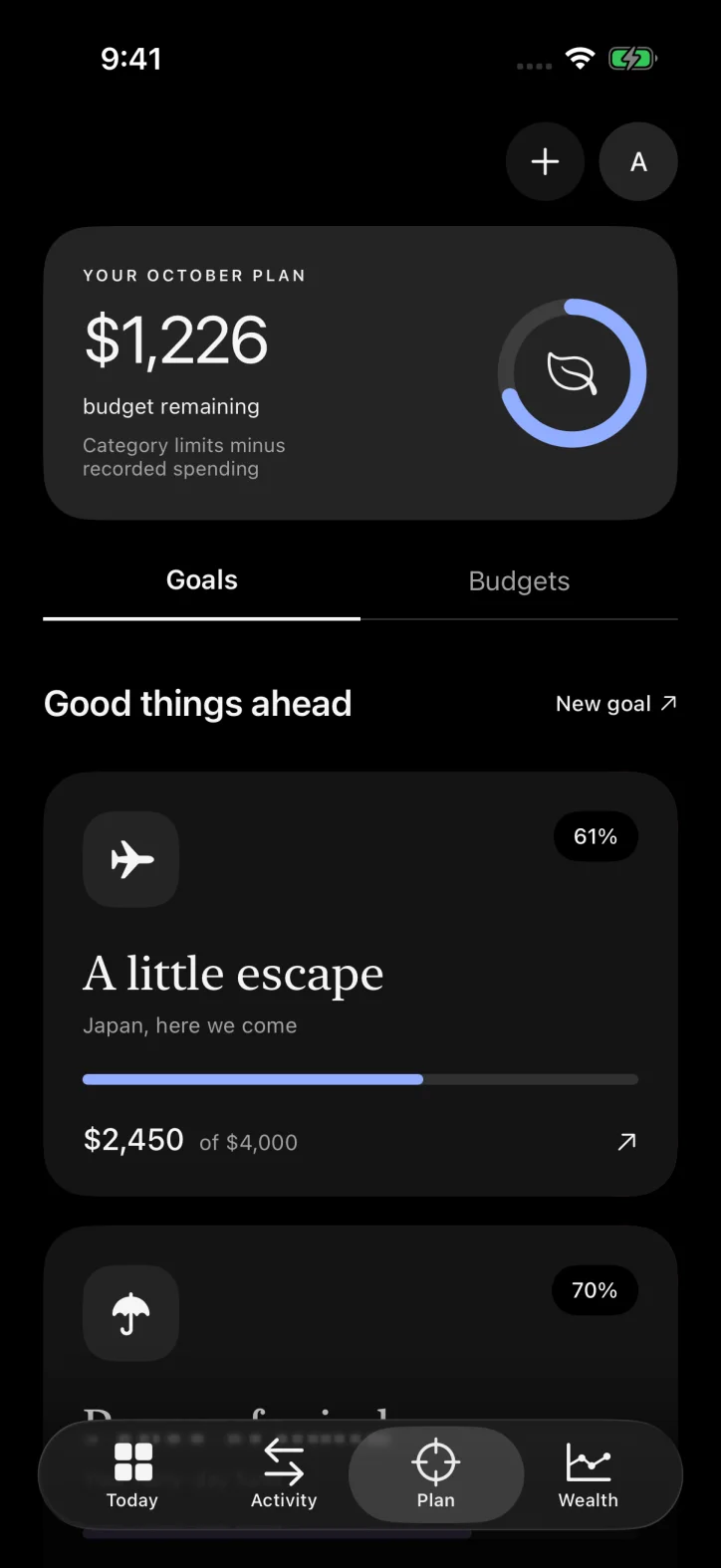 ettavi. — Savings goals with progress and monthly budget totals.