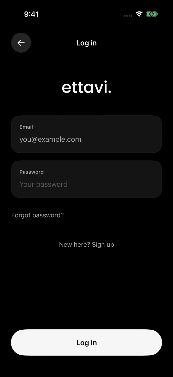 ettavi. — Native email and password sign-in form.