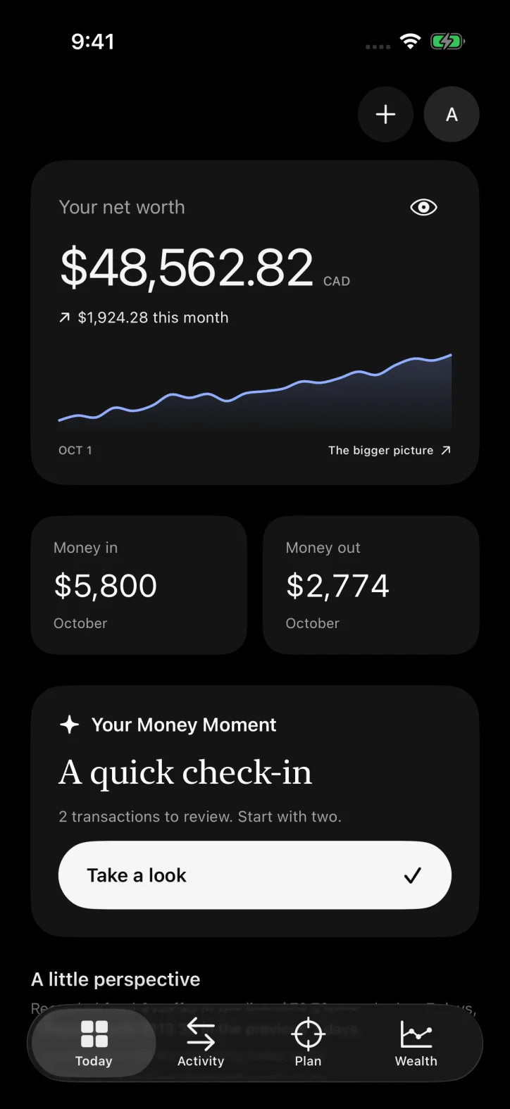ettavi. — Daily overview with net worth, income, spending, and a transaction review.