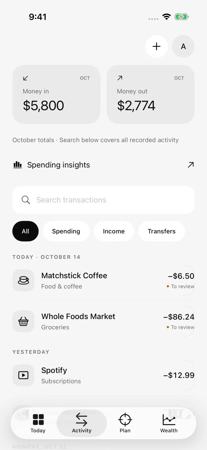 ettavi. — Searchable transactions with spending filters and dates.