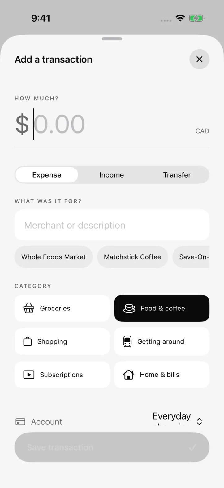 ettavi. — Native form for manually recording a transaction.