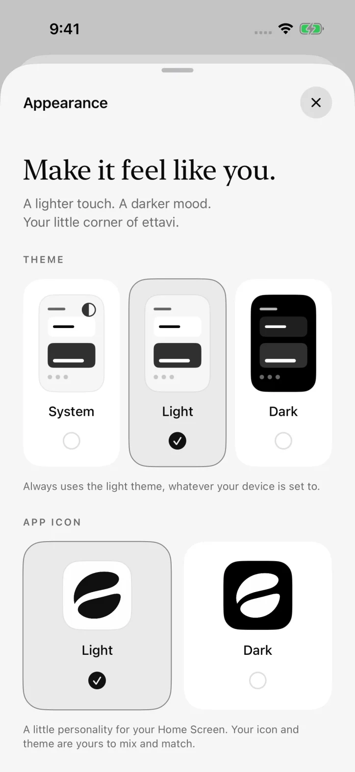 ettavi. — Light and dark themes and app icon options.