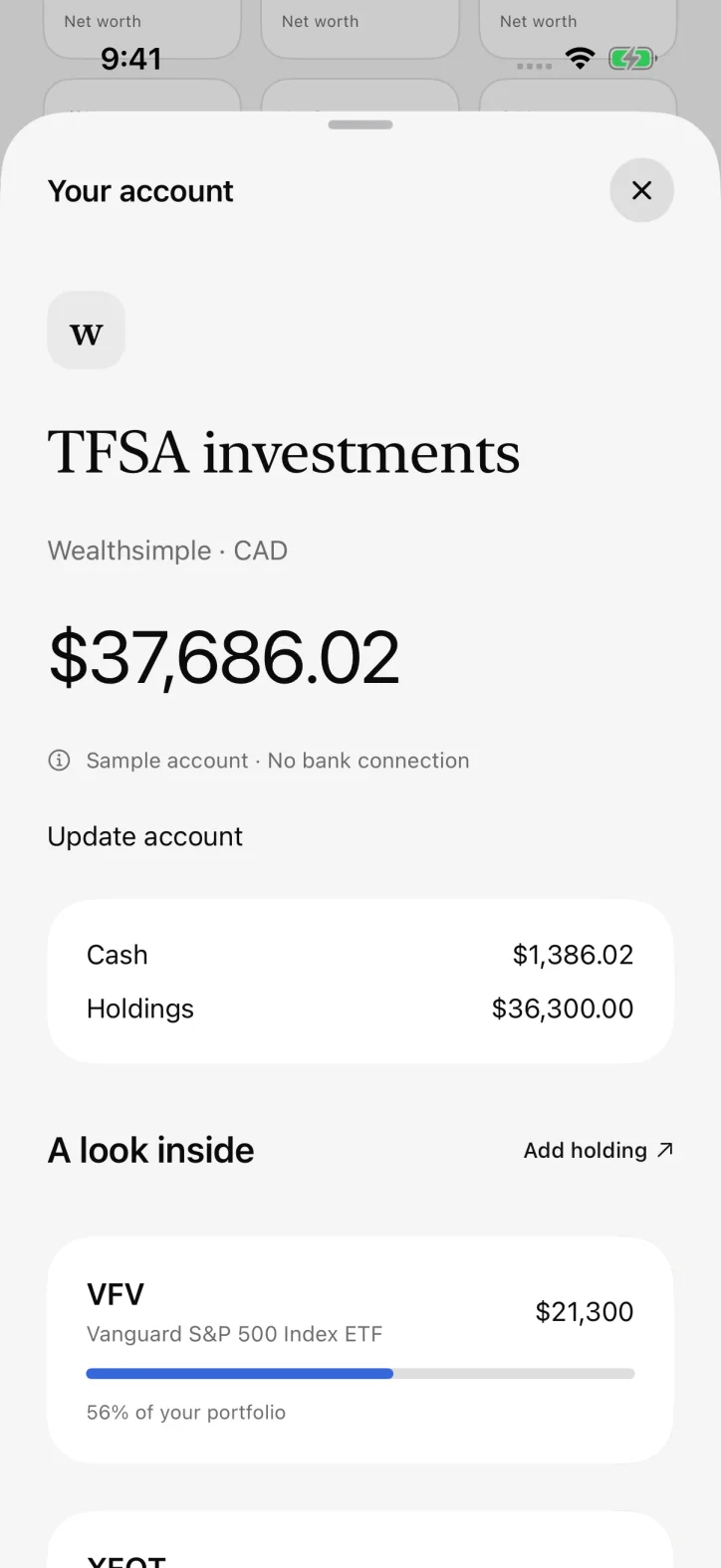 ettavi. — Sample investment holdings and investment cash.