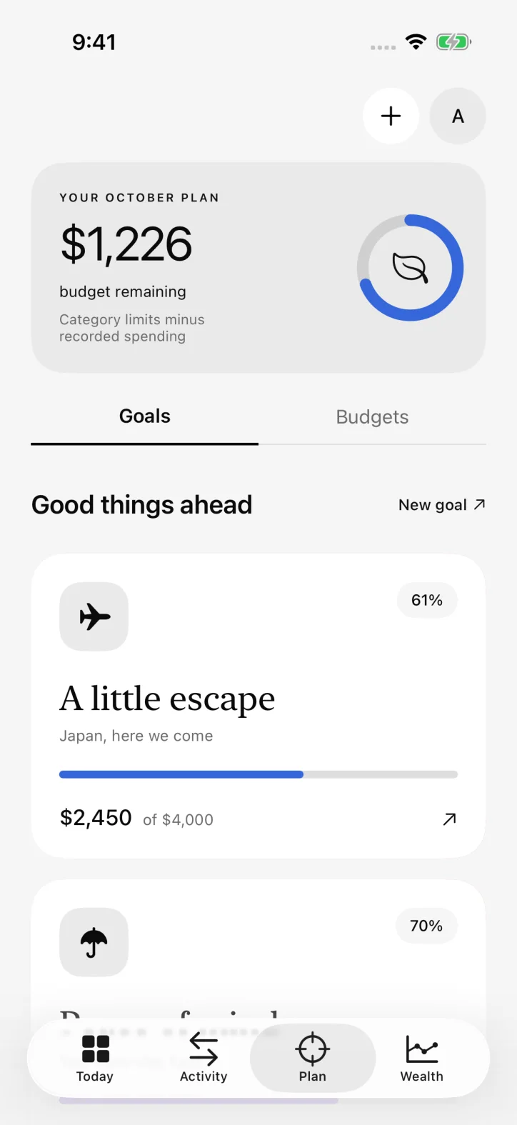 ettavi. — Savings goals with progress and monthly budget totals.