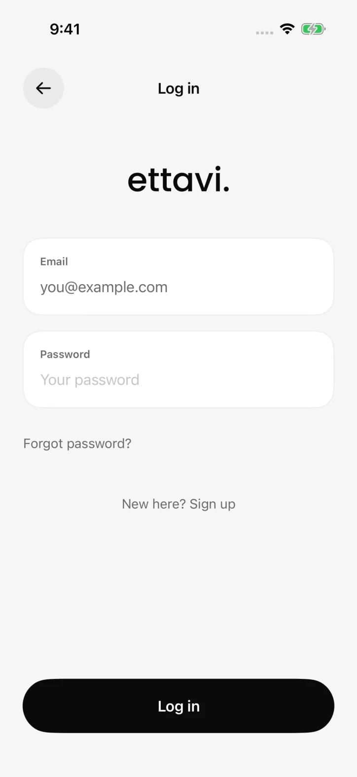 ettavi. — Native email and password sign-in form.