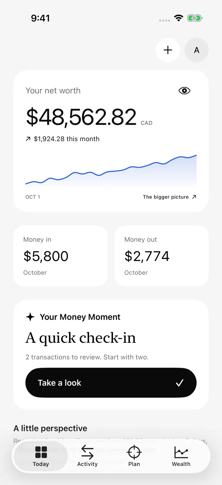 ettavi. — Daily overview with net worth, income, spending, and a transaction review.